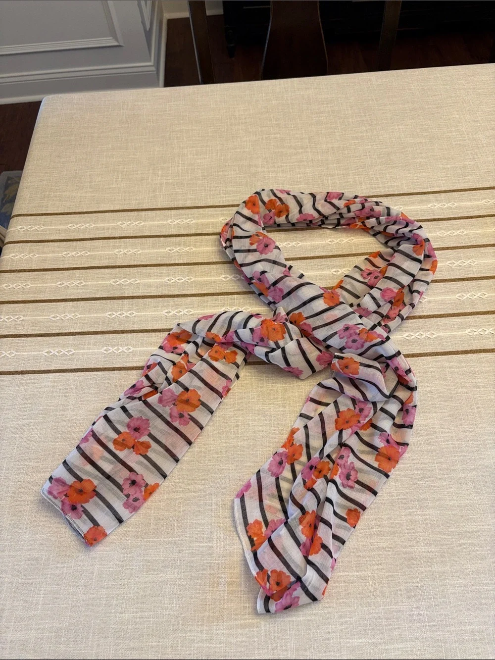 J. Crew Black & White Striped Scarf with Pink and Orange Floral Print